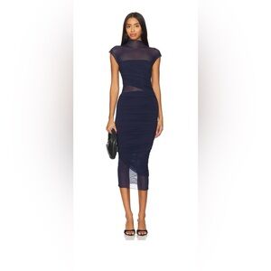 Seroya “Tabitha” Mesh Ruched Midi Dress – Navy – Size S- Retail $350